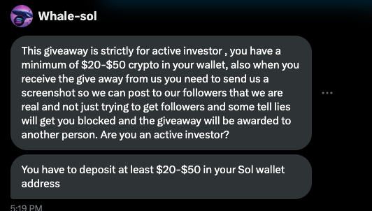 kael_dusk's tweet photo. LMAO imagine needing to 'deposit' money to win a giveaway. 😂

these scammers are getting desperate. asking for $20-$50 proof just to drain your wallet later. if i had money i wouldn't be here. stay safe fam, block this clown. 🤡 @whale_sol12 https://t.co/C4WkuIByb9