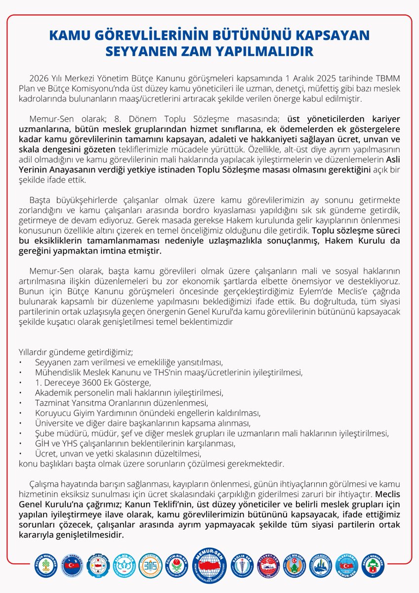 KAMU GÖREVLİLERİNİN BÜTÜNÜNÜ KAPSAYAN
SEYYANEN ZAM YAPILMALIDIR

2026 Yılı Merkezi Yönetim Bütçe Kanunu görüşmeleri kapsamında 1 Aralık 2025 tarihinde TBMM Plan ve Bütçe Komisyonu’nda üst düzey kamu yöneticileri ile uzman, denetçi, müfettiş gibi bazı meslek kadrolarında