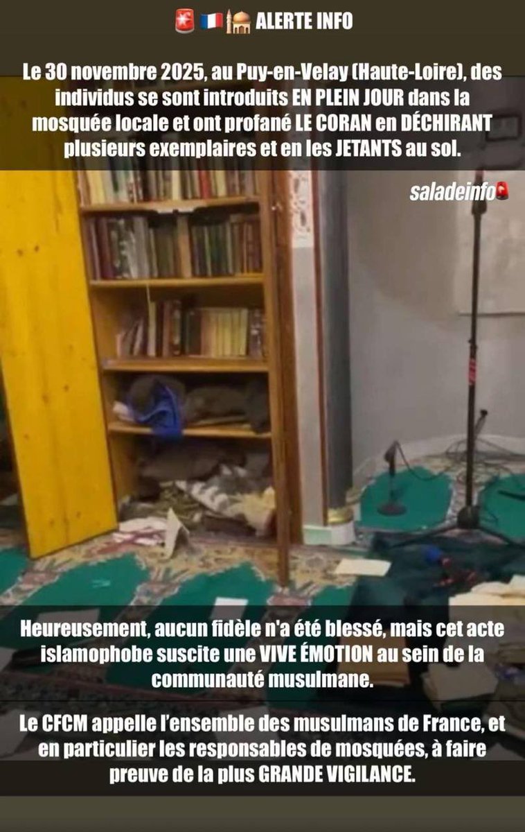 Un acte islamophobe de plus, ça suffit !

Laissez les musulmans tranquilles.
Stop à l’islamophobie, stop à la haine.

S’attaquer à une mosquée, c’est s’attaquer à notre République.
Soutien aux fidèles du Puy-en-Velay : nous ne laisserons jamais la peur ni l’intolérance gagner.