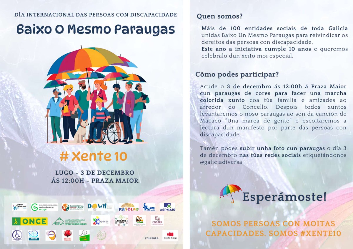 Asfega_'s tweet photo. Únete mañá 3 de decembro á iniciativa Baixo o Mesmo Paraugas ☂️ 

Acode mañá a calquera destes puntos co teu paraugas a reivindicar os dereitos das persoas con discapacidade

📸 Tamén podes participar subindo a túa foto etiquetando a @galiciadiversa 

#Xente10 https://t.co/fLEOmqRjgN
