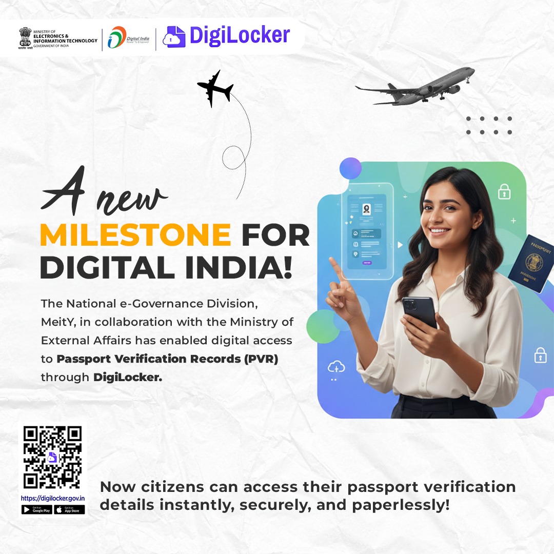 digilocker_ind's tweet image. The National e-Governance Division, MeitY in collaboration with the Ministry of External Affairs has enabled digital access to the Passport Verification Record (PVR) on #DigiLocker. 
Citizens can now access their #passport verification details securely &amp;amp; seamlessly.