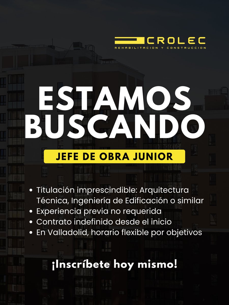 RehabCrolec's tweet image. 📣 OFERTA DE EMPLEO ‼️ Si acabar de terminar tus estudios en Arquitectura Técnica, Ingeniería de Edificación o similar y quieres incorporarte al sector de la #rehabilitación de #edificios, ¡te esperamos! 

Inscríbete 👉 infojobs.net/ver-oferta.xht…

#ofertadeempleo #empleo #trabajo