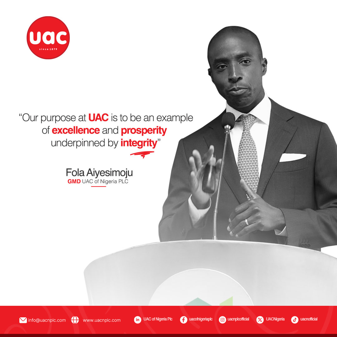At UAC, our purpose is clear, to lead with excellence, create prosperity, and uphold integrity in everything we do.

A timely reminder from our Group Managing Director, Fola Aiyesimoju, on the values that shape our culture and drive sustainable impact.

#uacnplcofficial