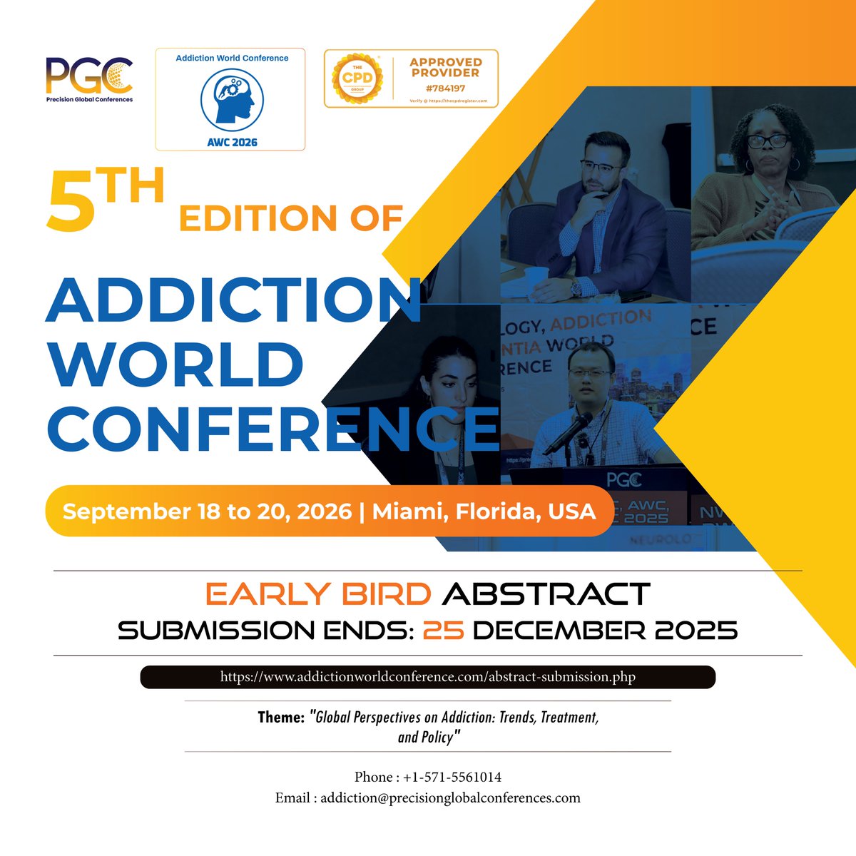 PrecisionGloba6's tweet image. 🌍 Dive into the future of addiction research and care at the 5th Addiction World Conference!
📅 Sept 18-20, 2026 | Miami, USA
🚨 Early Bird Abstract Deadline: Dec 25, 2025
Submission Link: tinyurl.com/AWC2025
#AWC2026 #AddictionScience #MentalHealthMatters #GlobalHealth
