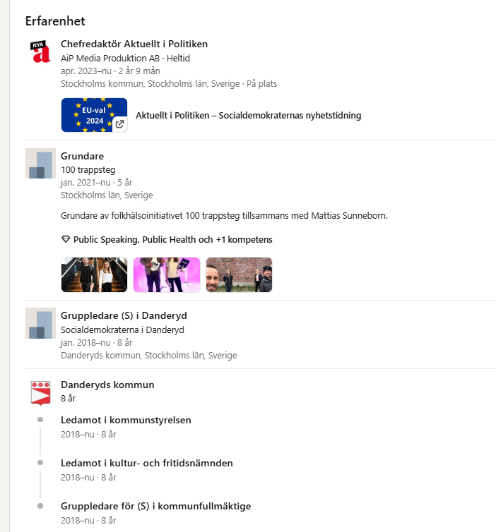 Märkligt svepskäl av <a href="/DanielFarm/">Daniel Färm</a>. Jenny Åkervall har varit aktiv i S och suttit i kommunstyrelsen i Danderyd sedan 2018. Och varit AiPs chefredaktör sedan 2023. Allt detta har ju varit känt i många år. Att Färm slänger henne under bussen handlar om att flytta fokus från Magdalena