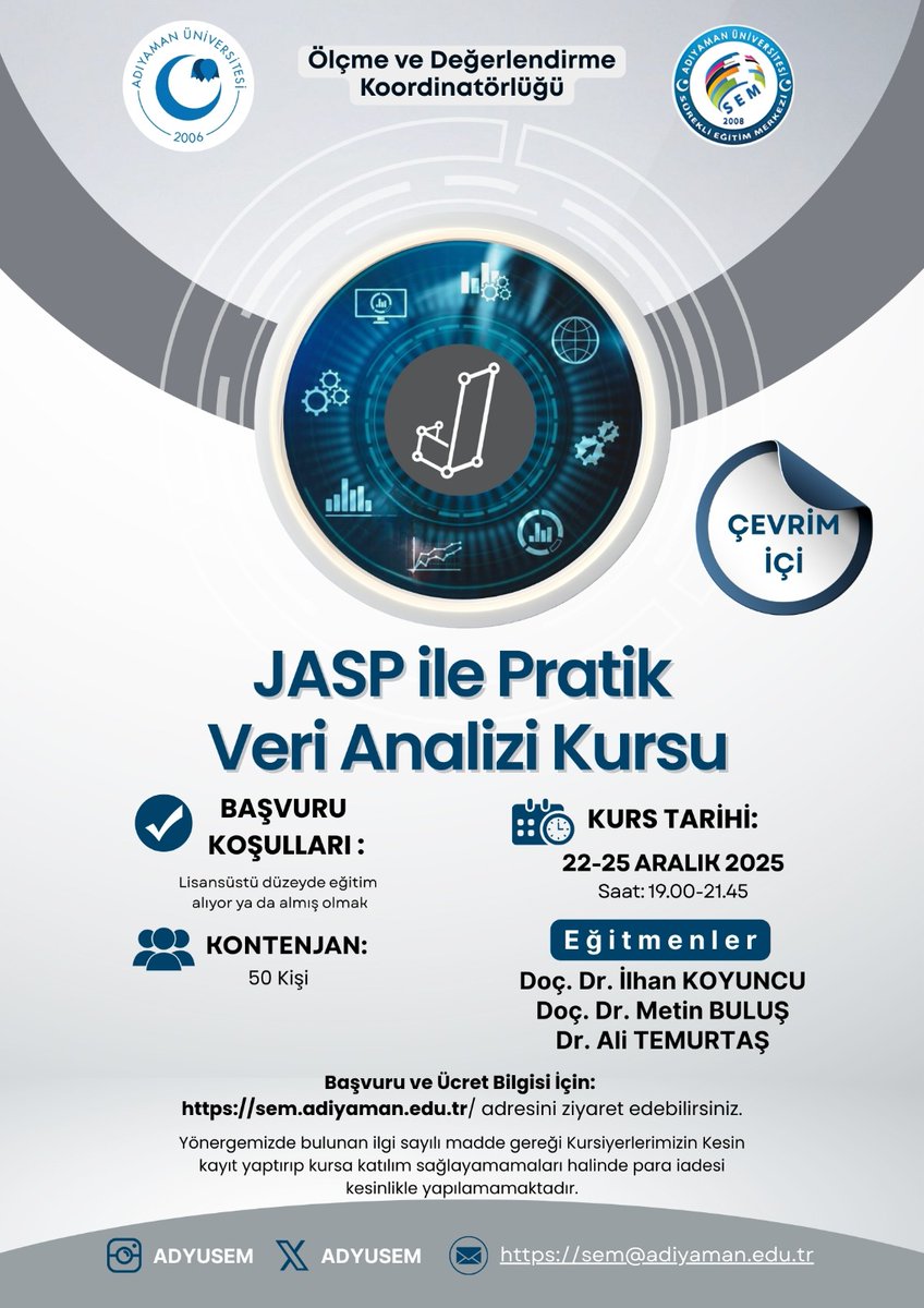 ADYÜ Sürekli Eğitim Merkezinin organizasyonu ile "JASP ile Pratik Veri Analizi Kursu" gerçekleşecektir. Başvuru için sem.adiyaman.edu.tr/tr/duyurular/2… adresini ziyaret ediniz.