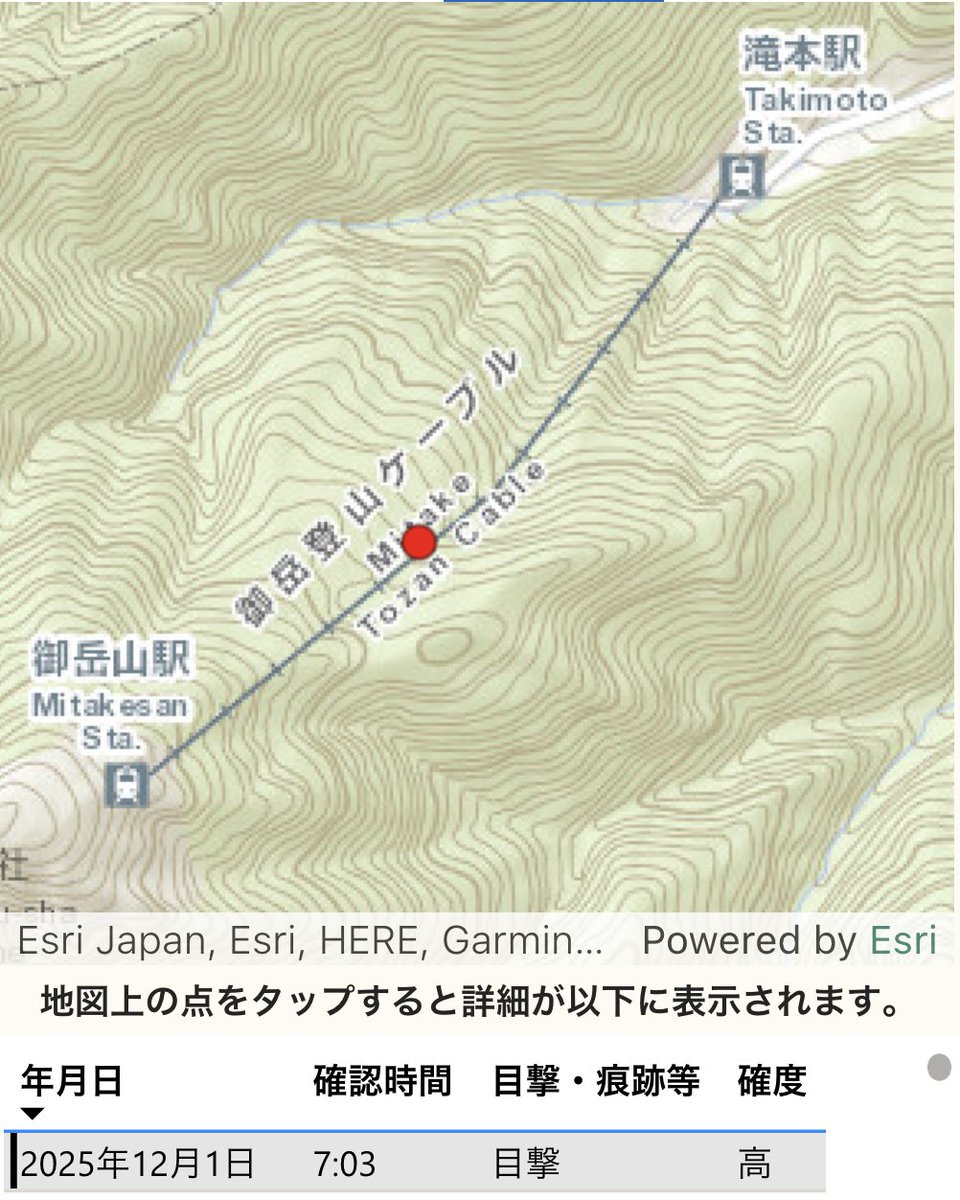 ■東京都御岳ビジターセンターより御岳山周辺ツキノワグマ目撃情報
・2025年12月1日　7時頃　ケーブルカー線路上にて1頭目撃 ces-net.jp/mitakevc/trail…

※画像はTOKYOくまっぷより
app.powerbi.com/view?r=eyJrIjo…