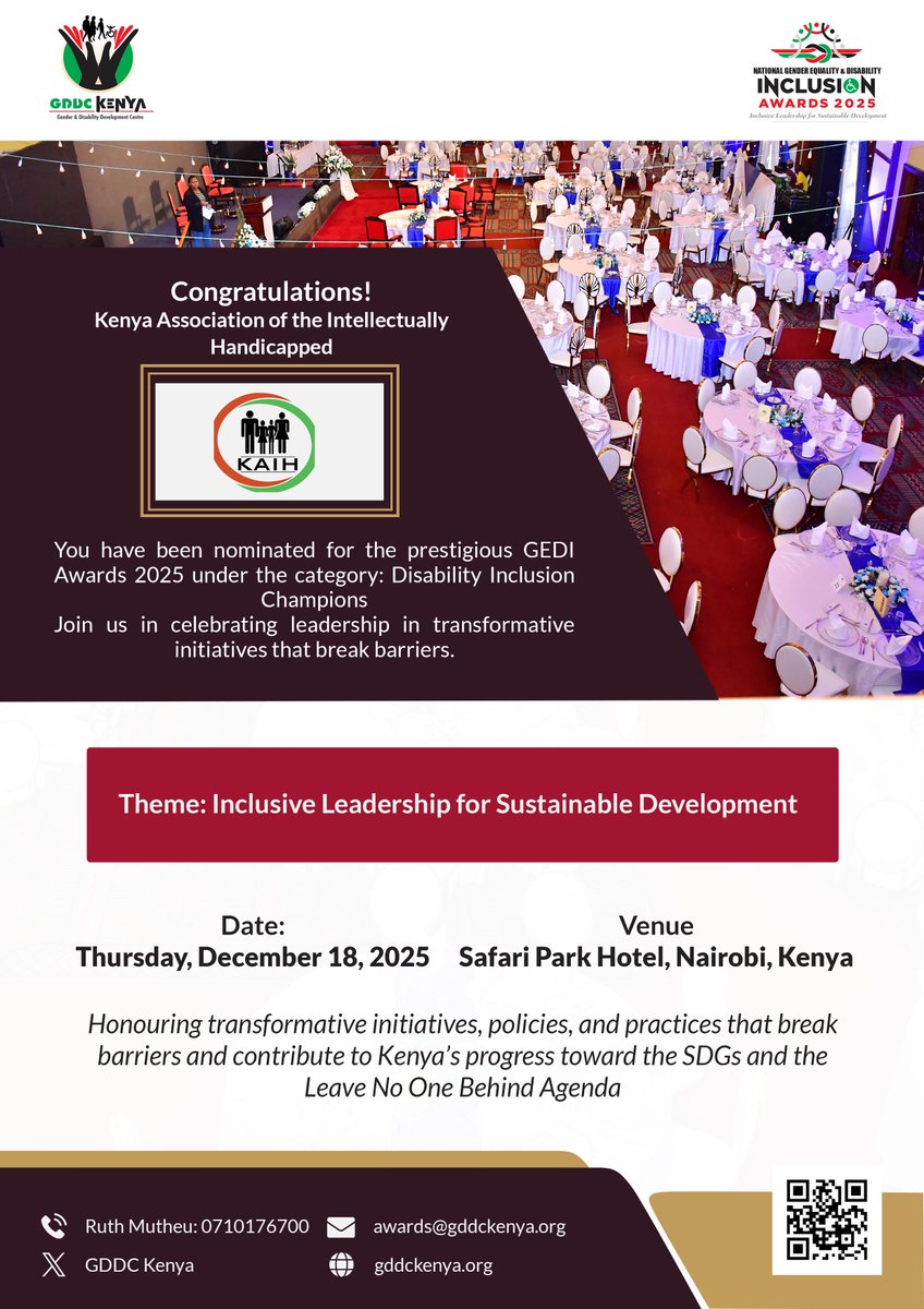 gddckenya's tweet image. Congratulations @KAIHHQ1 on your nomination to the National GEDI Awards 2025. Your dedication to empowering persons with intellectual disabilities, advocating for their rights, and promoting inclusive opportunities is commendable. 
#GEDIAwards2025