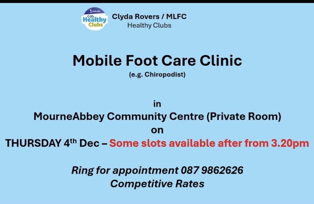 Latest update re the Mobile Foot clinic
<a href="/ClydaOgGAA/">Clyda Rovers Óg GAA</a> <a href="/clydaroversgaa/">Clyda Rovers GAA</a> <a href="/mourneabbeycomm/">Mourneabbey Community Council</a> <a href="/MourneabbeyLFC/">Mourneabbey LFC</a>