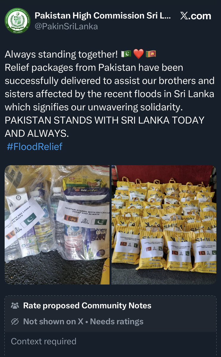 AsYouNotWish's tweet photo. Pakistan High Commission in Sri Lanka quietly deletes its tweet celebrating Islamabad’s ‘unwavering solidarity’ with Colombo after X users spot an awkward detail.

One of the photos posted by the mission clearly showed that part of the so-called flood relief material Pakistan has sent to Sri Lanka had already expired in 2024.