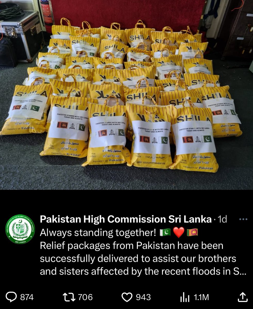 AsYouNotWish's tweet photo. Pakistan High Commission in Sri Lanka quietly deletes its tweet celebrating Islamabad’s ‘unwavering solidarity’ with Colombo after X users spot an awkward detail.

One of the photos posted by the mission clearly showed that part of the so-called flood relief material Pakistan has sent to Sri Lanka had already expired in 2024.