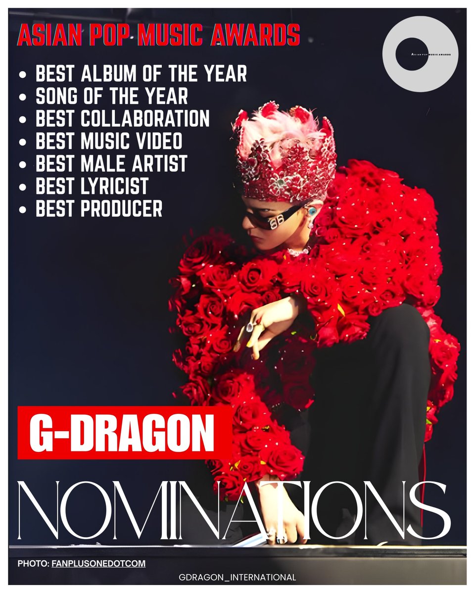 🏆 G‑Dragon — APMA Nominee

G‑Dragon has been nominated in multiple categories for APMA 2025. This recognition reflects his work and contribution to the music industry.

Let’s congratulate him on the nominations and stay tuned for updates.

📍The APMA or ASIA POP MUSIC AWARDS