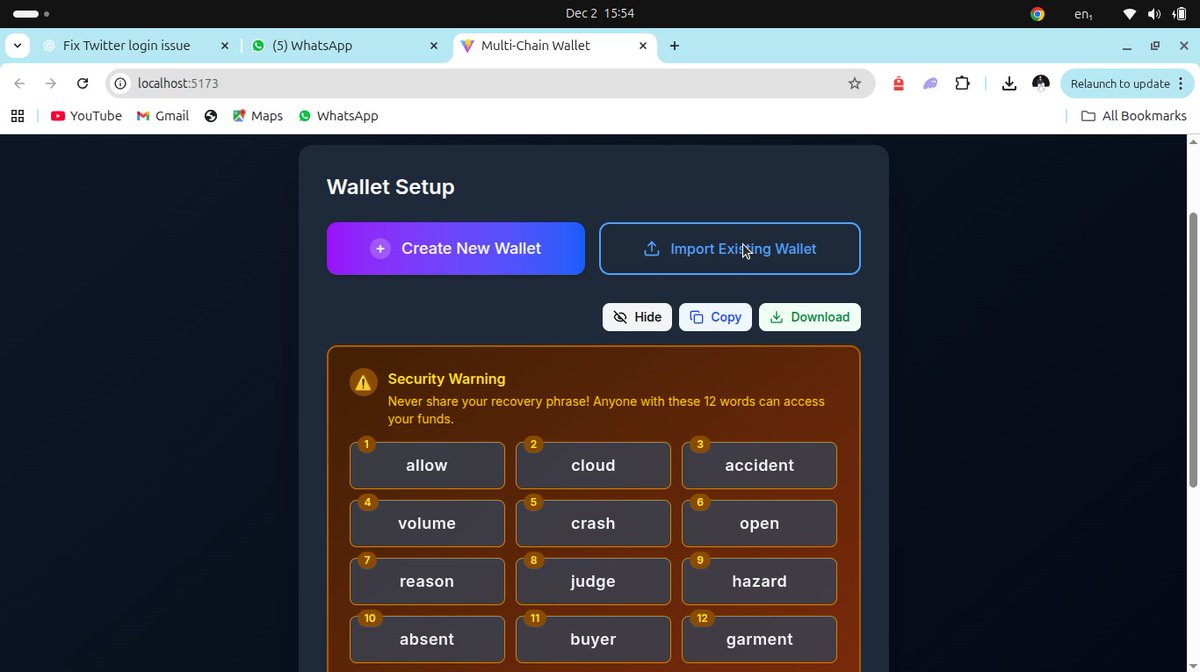 RakeshMummana's tweet photo. Just launched v1 of my web-based crypto wallet! ๐
Built using HD wallets + Alchemy RPC for real-time balance checking.
v2 coming soon with integrated Swap functionality like Phantom/Backpack ๐๐ฑ
GitHub: https://t.co/xMuYUlW7I3
#Web3 #Crypto #Devbuilds #Hdwallets #Alchemy https://t.co/2RnPA6iz8T