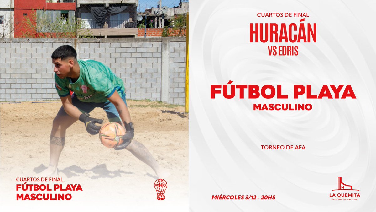 huracandeportes's tweet photo. #Huracán 🎈 #FútbolPlaya
🏝️ Este miércoles 3/12, la Primera del Masculino del Globo se enfrentará a #EDRIS por los cuartos de final de los Playoffs del Torneo de @afa desde las 20:00, en La Quemita https://t.co/bmLHhtHQcK
