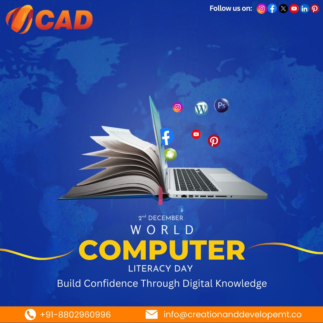 creation_ad1's tweet image. From clicks to code, and screens to success — computer literacy is the key to a smarter tomorrow! 🌍💡 Let’s empower minds with digital skills today.
Happy World Computer Literacy Day! 💻
.
#WorldComputerLiteracyDay #DigitalIndia #ComputerEducation #DigitalSkills #CAD #ITservices