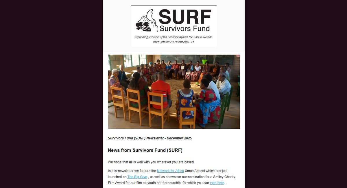 SURF December Newsletter featuring <a href="/Network4Africa/">Network for Africa</a>  Xmas Big Give Campaign and SURF's <a href="/SmileyNews/">Smiley News</a>  Film Award Nomination. Also some ideas for some festive presents from <a href="/GoodGiftsCat/">Good Gifts Catalogue</a> 

mailchi.mp/5bed02a71fd7/s…