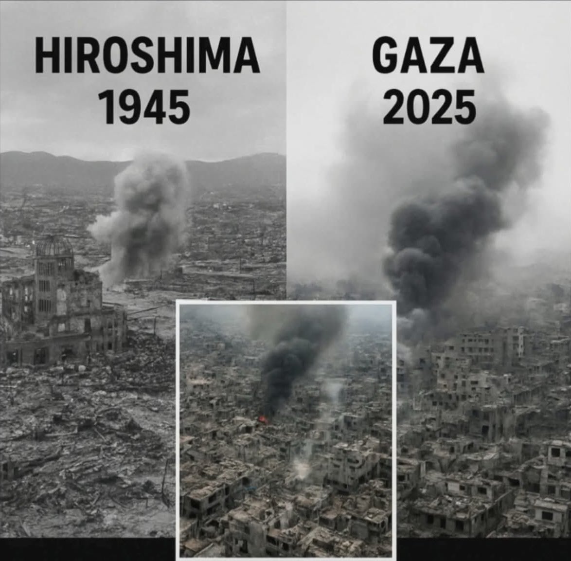 Gaza is nearly 3 times smaller than Hiroshima, and Israel dropped ~200,000 tonnes of explosives, equivalent of ~14 ATOMIC BOMBS, on Gaza in 2 years.
