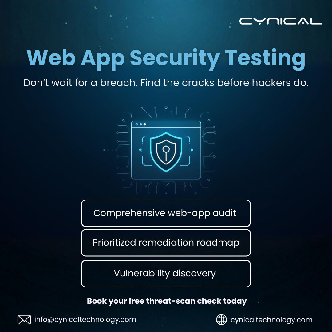 cynical_sec's tweet image. 𝗢𝘂𝗿 𝗪𝗲𝗯 𝗔𝗽𝗽 𝗦𝗲𝗰𝘂𝗿𝗶𝘁𝘆 𝗦𝗲𝗿𝘃𝗶𝗰𝗲𝘀

At Cynical Technology, we stand with the defenders finding the vulnerabilities before attackers do, and turning your web application into a fortress.

#WebAppSecurity #VulnerabilityAssessment  #CynicalTechnology