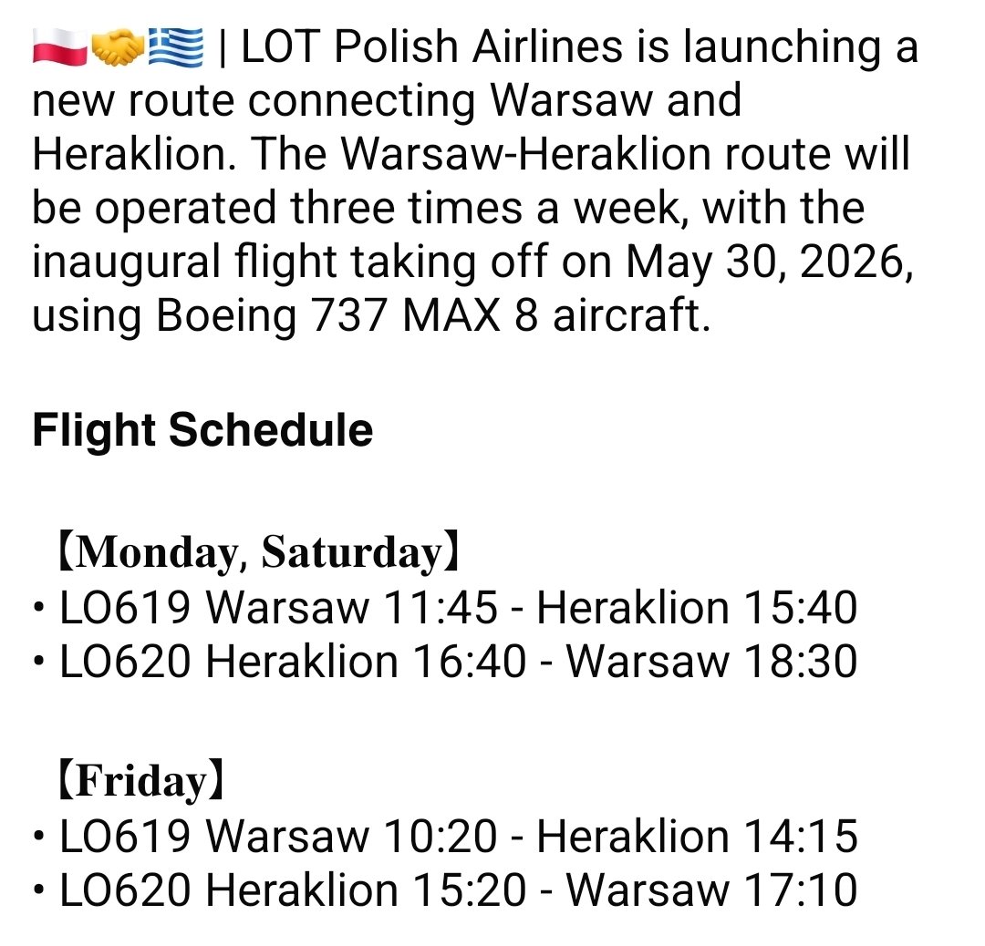 FlightModeblog's tweet image. 🇵🇱🤝🇬🇷 | #LOT Polish Airlines is launching a new route connecting #Warsaw and #Heraklion. The route will be operated three times a week, with the inaugural flight taking off on May 30, 2026, using Boeing 737 MAX 8 aircraft.

📷 ©️LOT

#Poland #Greece #Crete #aviation #avgeek