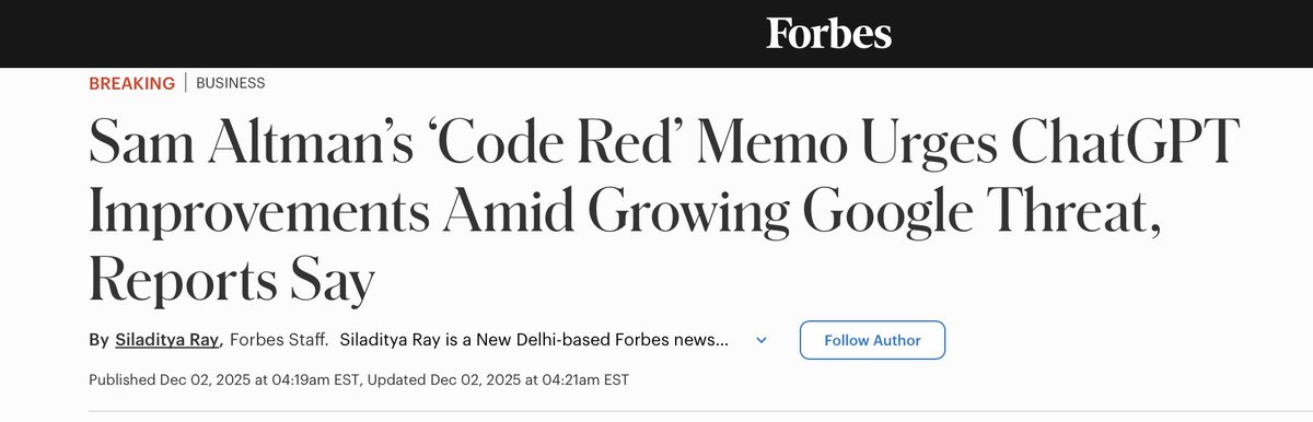 AkAsH_03_'s tweet photo. OpenAI CEO Sam Altman has declared a "Code Red" in internal company memo.

the plan is to allocate more resources in improving ChatGPT, with teams concentrating on features that allow more personalized interaction with ChatGPT.

some additional features they're focusing on: 
- ability to answer a wider range of questions.
- improvements to personalization features
- faster and more reliable responses

It also seems like the company will delay other planned projects, including the integration of ads, AI-powered shopping tools, and its ChatGPT Pulse personal assistant.

it is interesting how it's going... 

do you think is it because of recent wave of "Google’s Gemini 3"?