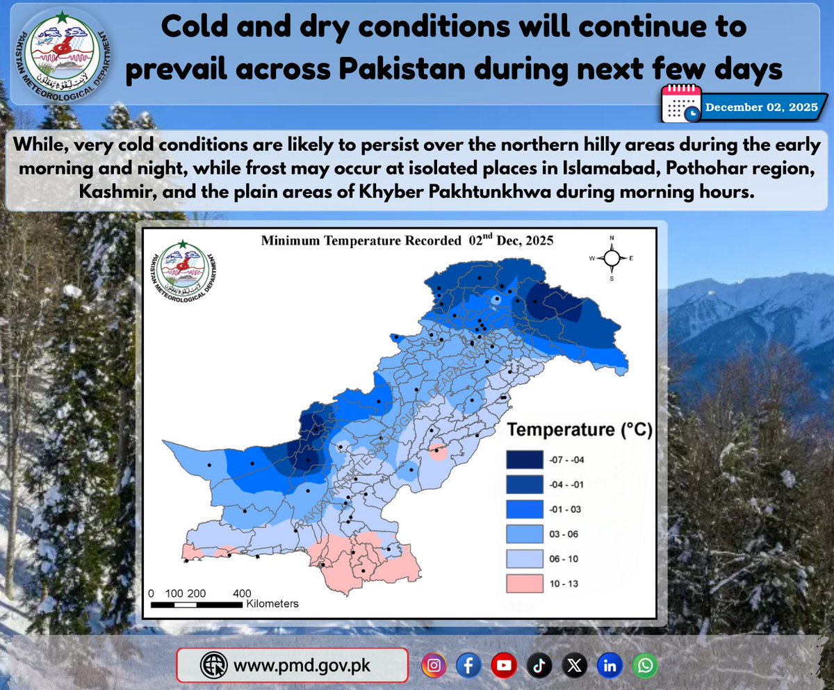 pmdgov's tweet image. Cold and dry conditions will continue to prevail across Pakistan during next few days
#WeatherAlert #dryweather #PakistanWeather #RainAlert #StaySafeStayPrepared #snowfall #northernareas #mountains