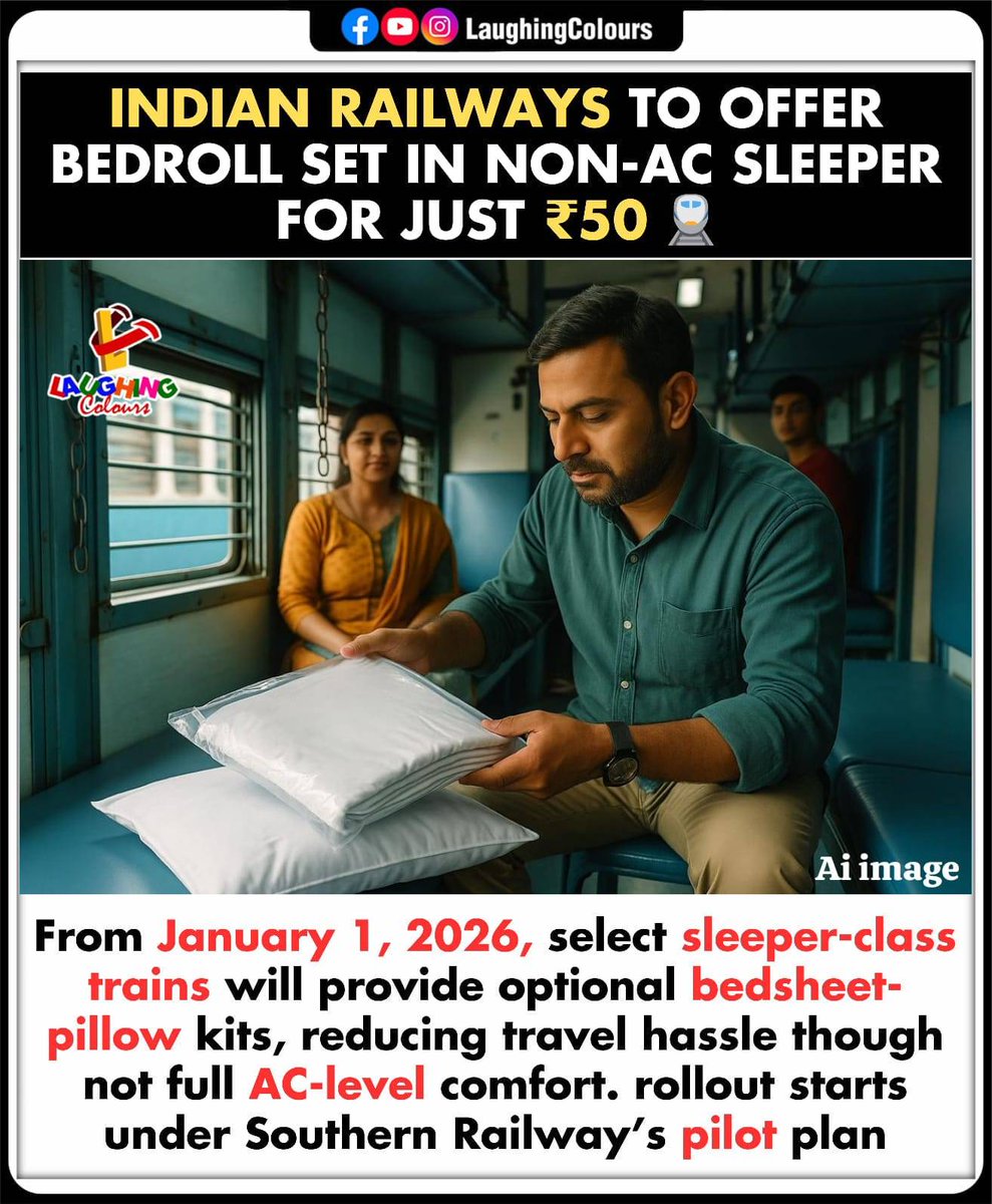 LaughingColours's tweet image. Railways to offer bedrolls 🛏️

#IndianRailways #SleeperClass #TravelUpdate #RailwayNews #PassengerComfort #IndiaUpdates