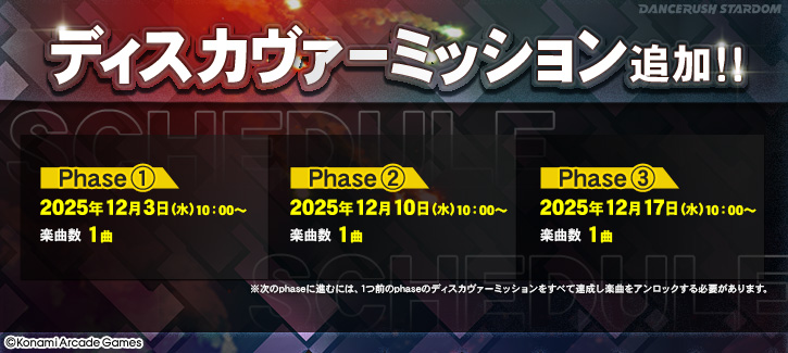 【ディスカヴァーミッション追加！】
12月3日(水)10:00より、ディスカヴァーミッションが追加！
選曲画面に登場した「？」を選択して、表示されたミッションにチャレンジしていこう！
週ごとに新曲が追加されていくのでスケジュールをCHECK！
#DANCERUSH_STARDOM #ダンスラッシュ #BEMANI