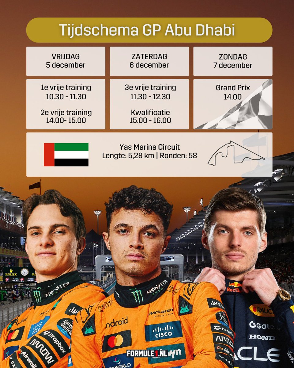 Formule1's tweet image. 🏁 DE ULTIEME SHOWDOWN 🏁

De GP van Abu Dhabi besluit een historisch F1-seizoen! 🔥 Drie coureurs, één wereldtitel: Norris, Verstappen en Piastri gaan ALL IN voor de kroon. 👑

Hierbij het complete tijdschema zodat je geen seconde mist van deze finale!

#F1 #AbuDhabiGP