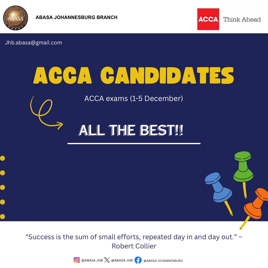 Best of luck to all ACCA candidates writing this week (1–5 December )🌟

Your consistency and hard work will pay off. You’ve got this! 
#ACCA #ExamSuccess #ABASAJHb #ThinkAhead
