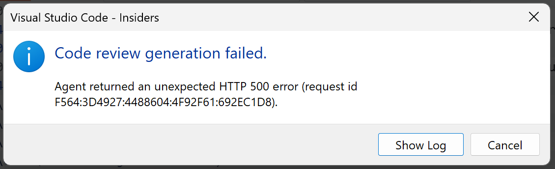 augvcor's tweet image. I&apos;m getting this error consistently when using #GitHubCopilot Code Review in @code #InsiderEdition @pierceboggan