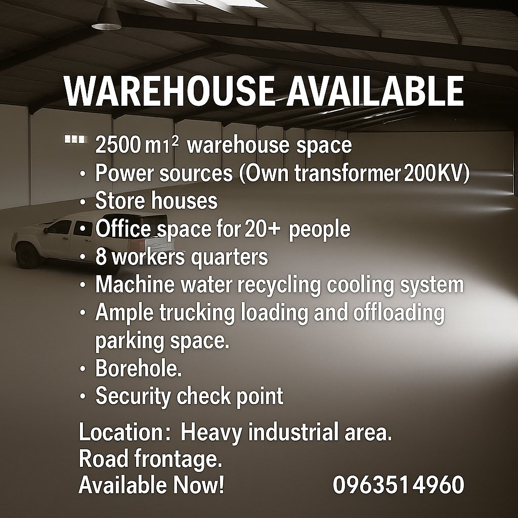 2,500 sqm Industrial Warehouse Avaliable
Ideal for agribusiness &amp; logistics. Features stable power, officers, storage, workers' quarters, parking &amp; security.
📍Katanga Rd, Chinika Area
Call: +260963514960