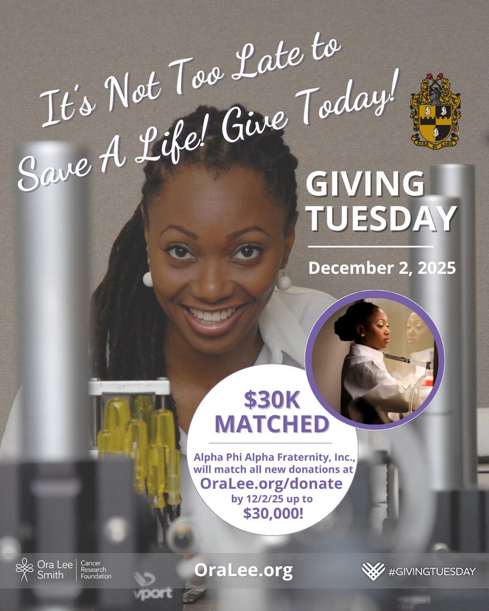 💜 #GivingTuesday is HERE! Donate to the <a href="/OraLeeOrg/">Ora Lee Smith Cancer Research Foundation</a> to get our laser-based cancer treatment closer to human trials. Alpha Phi Alpha Fraternity, Inc. will match donations up to $30,000 until 11:59 PM EST! Visit OraLee.org TODAY!  LET’S GIVE, GIVE, GIVE! 💜
