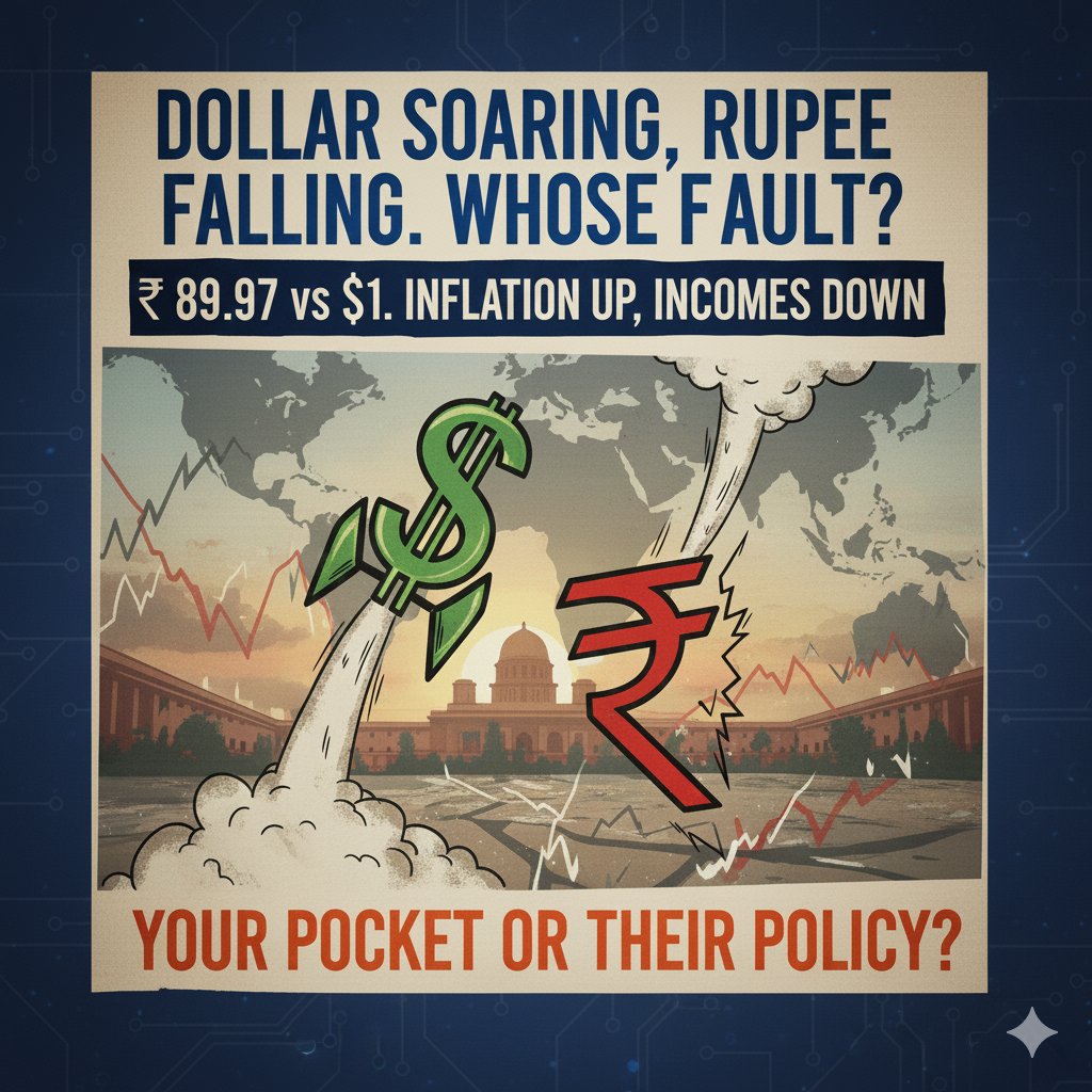 डॉलर उड़ रहा है, रुपया गिर रहा है जिम्मेदारी कौन लेगा?

डॉलर के मुकाबले रुपया 89.97 तक गिर गया और सरकार अब भी सब कुछ अच्छे दिनों का चश्मा पहनकर देख रही है।

विश्व बाज़ार की आड़ लेकर जिम्मेदारी से बचना आसान है, पर सच ये है कि अर्थव्यवस्था की पकड़ ढीली पड़ चुकी है।
महंगाई बढ़ रही