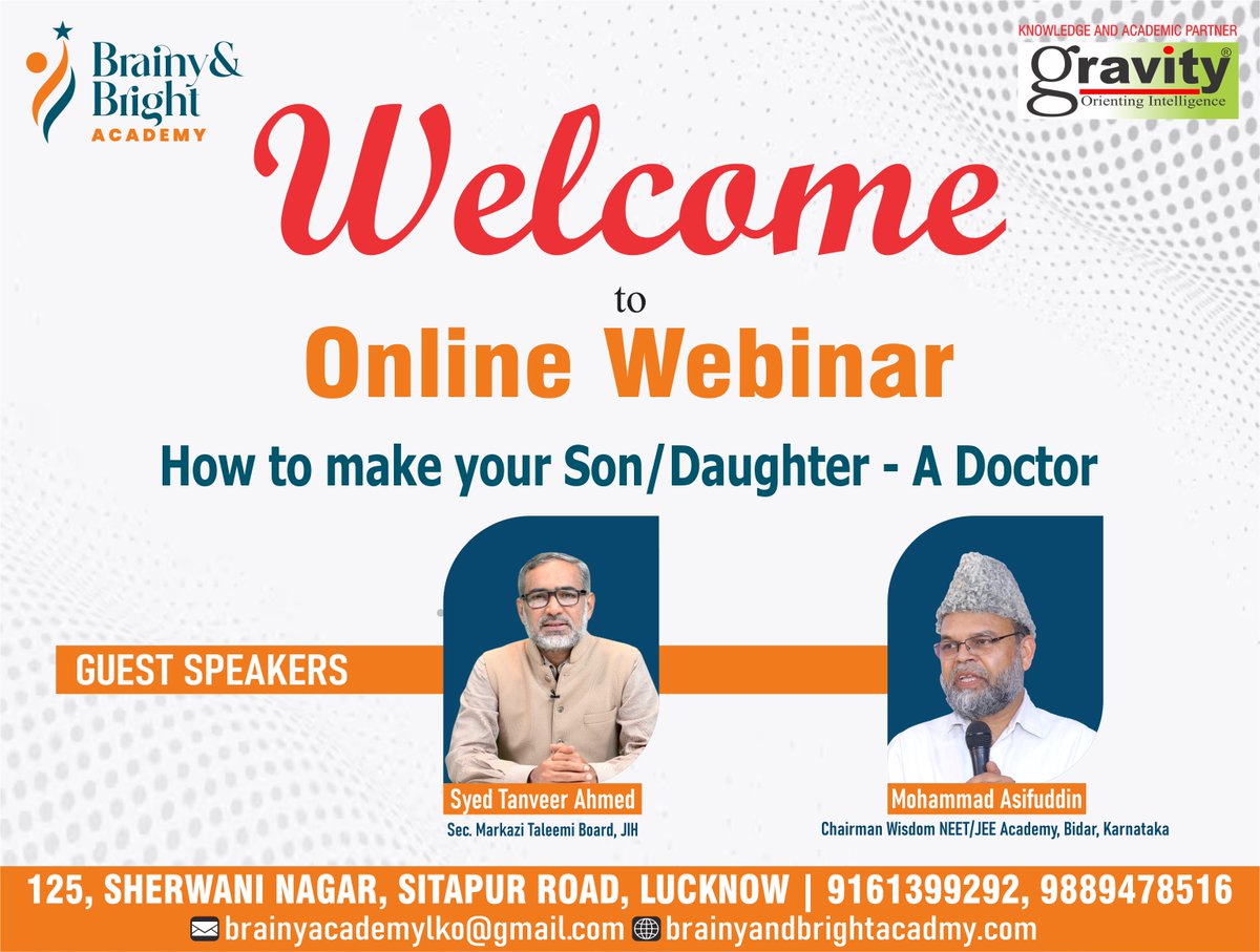 हम आपको एक अत्यंत महत्वपूर्ण वेबिनार में आमंत्रित करते हैं, जिसका विषय है:
“अपने बेटे/बेटी को डॉक्टर कैसे बनाएं”
डॉक्टर बनना एक बड़ा सपना है, जिसके लिए सही योजना, मेहनत और मार्गदर्शन की आवश्यकता होती है।

2 दिसंबर 2025 | समय: शाम 6:30 बजे से
वेबिनार लिंक: meet.google.com/drv-cxst-mpt