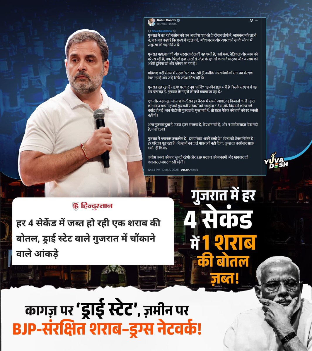 अगर गुजरात "ड्राई स्टेट" है,
तो फिर हर 4 सेकंड में एक शराब की बोतल जब्त कैसे हो रही है?

मोदी-शाह जी, जवाब देंगे..??