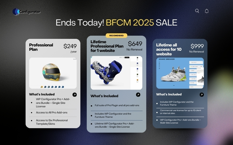 WpConfigurator's tweet image. ⏰ Ends TODAY!
Don’t wait till midnight — grab the WP Configurator Lifetime Deal and save up to $500.
Last chance. 🚀

Check it out here: wpconfigurator.com/pricing-plan/

#BFCM2025 #WooCommerce #WordPressPlugins