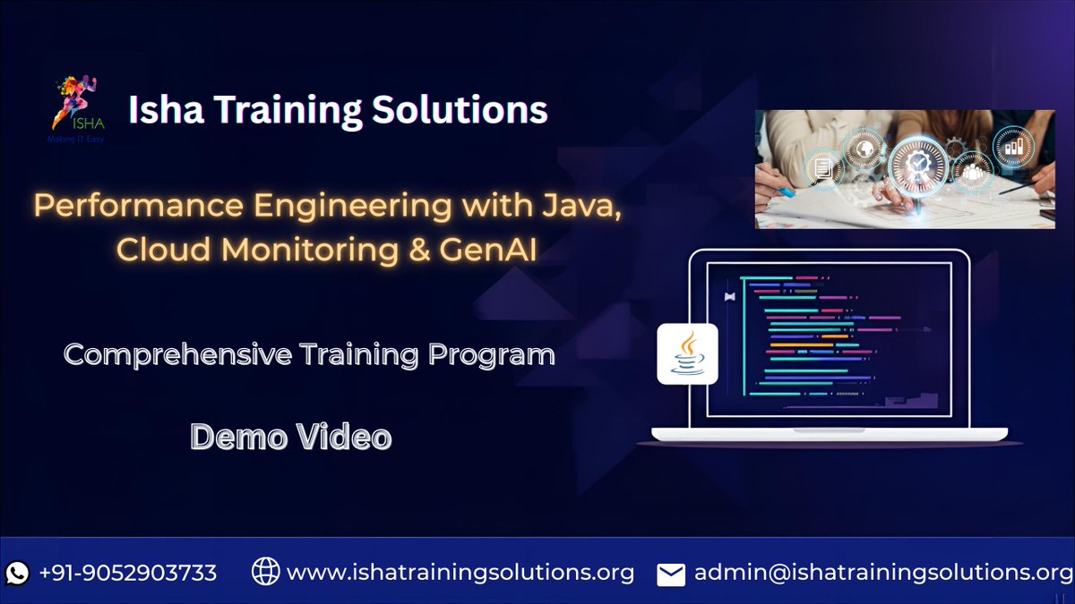 IshaKumargupta's tweet image. Performance Engineering with Java, Cloud Monitoring &amp;amp; GenAI– Demo Recording
Watch here: youtu.be/2KBGQsElzfA
Regular Sessions Start: 2nd Dec
2nd Dec@9:00PM(IST)/2nd Dec@10:30AM(EST)
Fee: ₹9,900/$119
ishatrainingsolutions.org/courses/comple…
Contact:+91 9052903733
#PerformanceEngineering