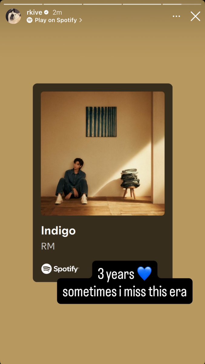 02/12/25 #RM (@/rkive) memposting album indigo melalui instagram story. 

“3 tahun 💙
Kadang-kadang aku kangen era ini”

Indigo disusun dan dirilis dengan penuh cinta. Dan dirayakan juga dengan penuh cinta dari semua orang, termasuk Namjoon sendiri 💙