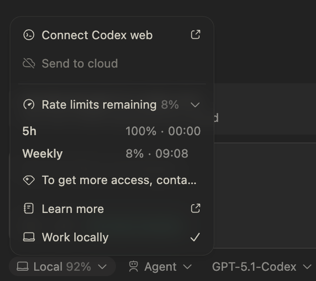 😅 codex 这个界面到底是谁写的
我思考了一下 原来 92% 是 100%-8%
你到底是要显示 limits remaining 还是 limits usage....