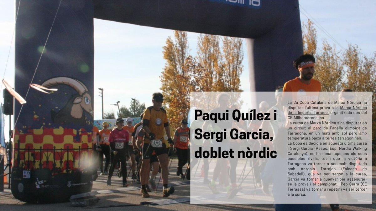 Paqui Quílez i Sergi Garcia, doblet nòrdic 🚶‍♀️🚶

La 2a Copa Catalana de Marxa Nòrdica s'ha tancat a #Tarragona a la Marxa Nòrdica de la Imperial Tarraco <a href="/a_adrenalina/">Alliberadrenalina</a> que ha decidit els campions de la 🏆

🔗tuit.cat/xQbtK

#sentlamuntanya #sommuntanya #nordicfeec