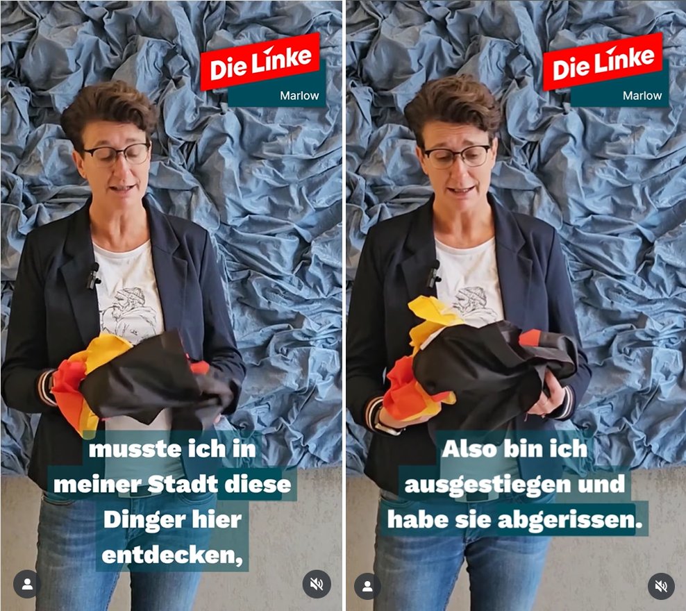 Linken-Politikerin reißt Deutschlandfahnen ab, weil sie so "den Faschismus bekämpft".

Schwarzrotgold, die Farben des friedlichen und weltoffenen Deutschlands, von Demokratie, Republik und Menschenrechten 1848, 1918, 1949 und 1989.
Klar, daß eine Kommunisten die weghaben will.