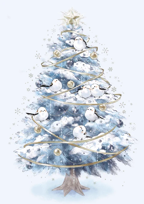 シマエナガとクリスマスツリー #イラスト #シマエナガ