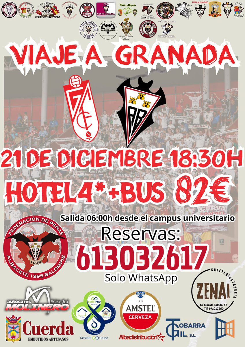 ⚽️ ¡Viaja con el Alba a Granada! 🚍
​¡No te quedes sin vivir la pasión de nuestro equipo en la capital nazarí!
​Fecha : 21 de Diciembre a las 18:30h
​Incluye: Hotel 4* y  Bus
​Precio total: 82€
​Salida: 06:00h desde el Campus
Manda un mensaje al 613032617 (Solo WhatsApp).