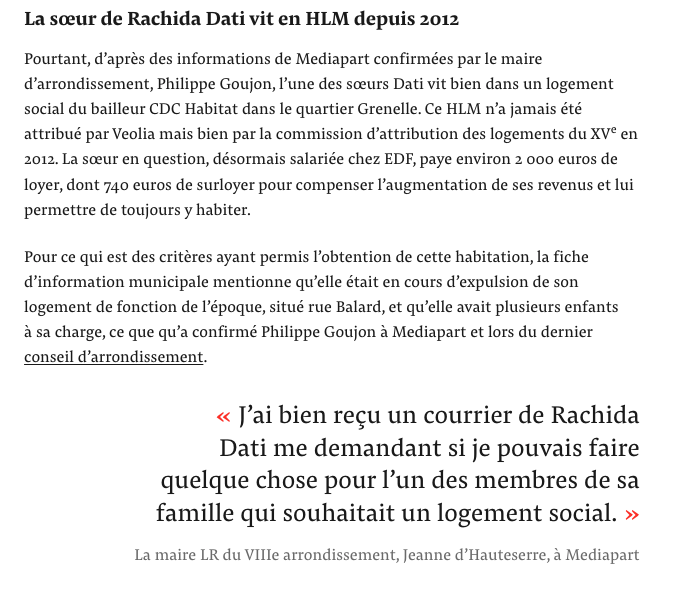 davidperrotin's tweet image. Rachida Dati a porté plainte contre le Canard enchaîné et affirme que sa soeur n&apos;est pas logée dans un HLM de la ville. C&apos;est faux. Elle y vit depuis 2012 grâce à l&apos;intervention du maire LR du 15e. Selon la maire LR du 8e, Rachida Dati est même intervenue. mediapart.fr/journal/politi…