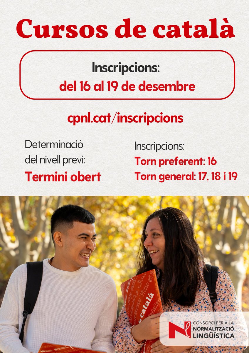 📝Cursos de català
📅S'apropa el període d'inscripcions de desembre i ja pots consultar-ne totes les dates al web del <a href="/cpnlcat/">Consorci per a la Normalització Lingüística</a>.