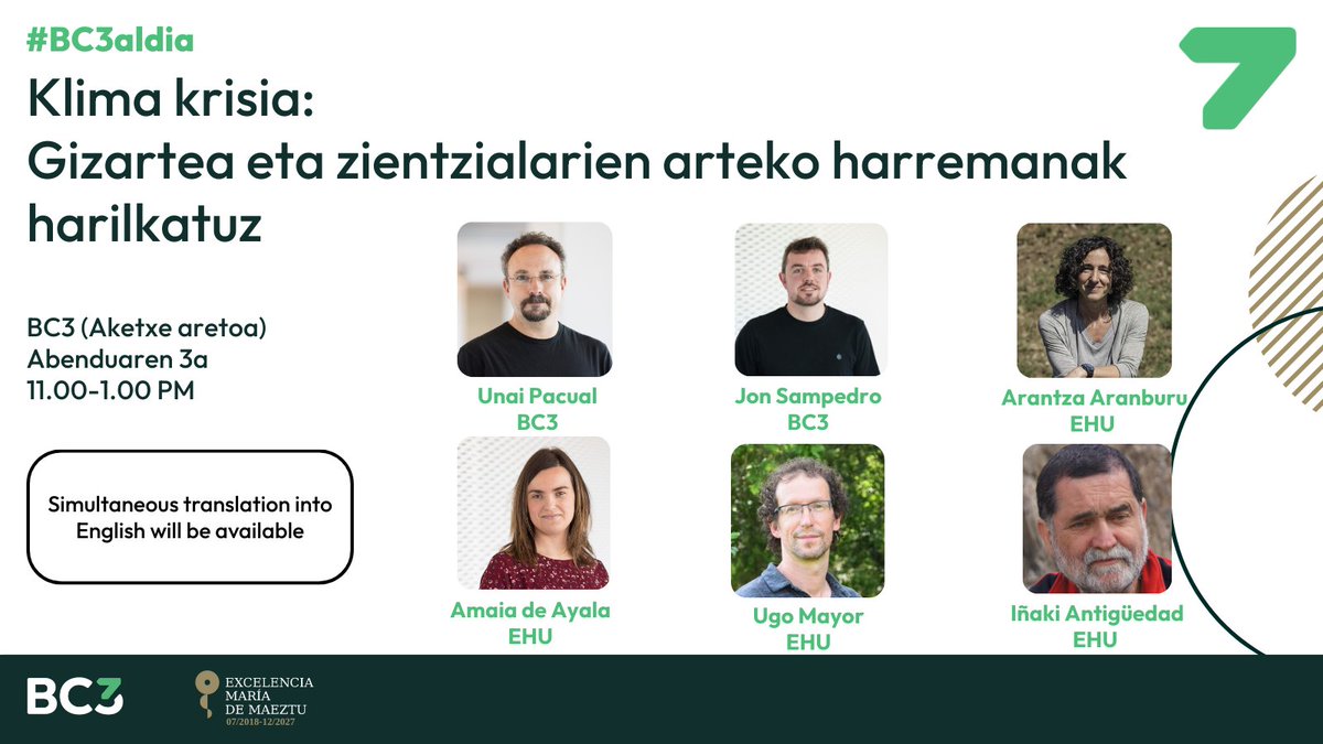 BC3Research's tweet photo. 🔜 #BC3Aldia | «#KlimaKrisia: gizartea eta zientzialarien arteko harremanak harilkatuz” ekimena hemen da!

Bihar, #EuskararenEguna ospatzeko, #krisiklimatikoa|ren inguruan euskaraz eztabaidatzeko aukera egongo da BC3n.

info+ 👀👇

@upvehu @Ikerbasque 

https://t.co/mqL4NCx4s2 https://t.co/XVfYH28SAv