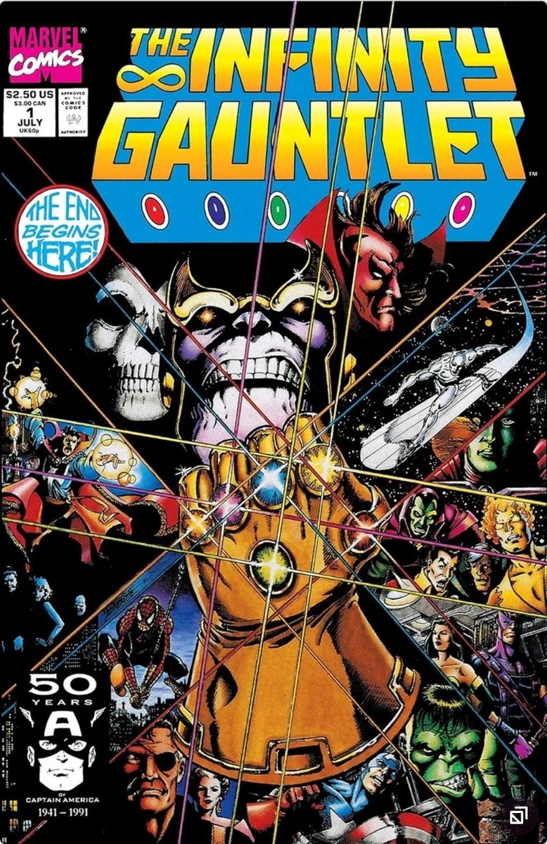 defdave's tweet image. #Surfer87 Infinity Gauntlet #1
THIS IS IT! The culmination of Starlin&apos;s SS run. Issue 50 was actually his last, but it has all led to this! SS has crashed into the Sactorum to warn of Thanos&apos; power, but nothing can be done! Thanos SNAPS and *half the universe dies*. Just issue #1