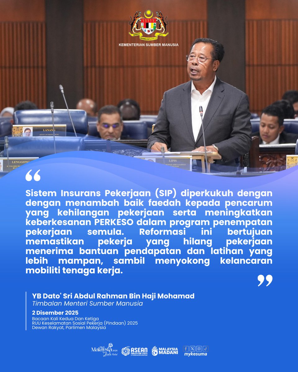💼 Perlindungan pekerja diperkukuh!  

RUU Pindaan Akta SIP 2025 dibentang bagi menambah baik faedah pencarum yang kehilangan pekerjaan serta mempertingkat keberkesanan program penempatan semula oleh PERKESO.  

#KESUMA #MalaysiaMADANI #SIP #PerlindunganPekerja #PERKESO