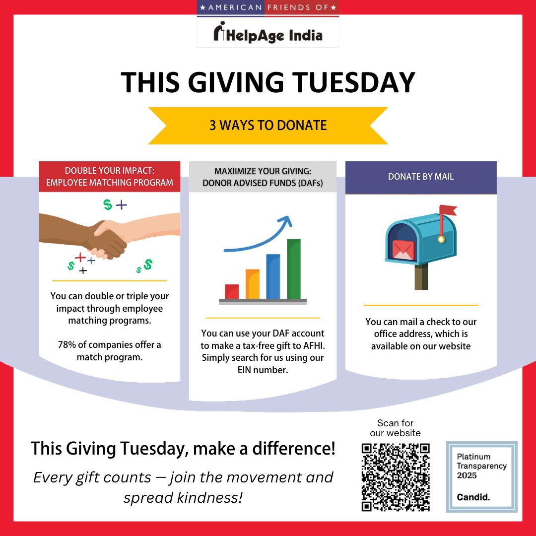Your #GivingTuesday gift can bring life-changing support to vulnerable #elders in India — from healthcare, nutrition to emergency relief, shelter &amp; livelihood support.

🌟 One day of #Giving can create lasting change!

#MakeADifference #ImpactWithHeart #GlobalDayOfGiving