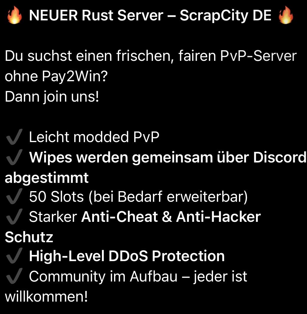 FinR94's tweet image. 👉 Discord: discord.gg/usqYmQh7Q5

Komm rein, bau mit uns die ScrapCity Community auf! ⚙️💀

#Rust #RustServer #GermanRust #RustCommunity #GamingDE #RustPVP